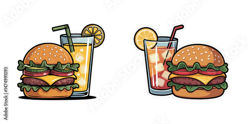 Colorful illustration of a burger with fries and a drink, showcasing a classic fast food meal, Burger and drink icon, hamburger and soda silhouette vector illustration, hamburger silhouette vector.