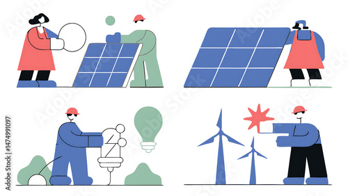 green electricity concept illustration collections of men and women characters showing benefits of sustainable economic growth with renewable energy resources vector illustrations set 35593445 1