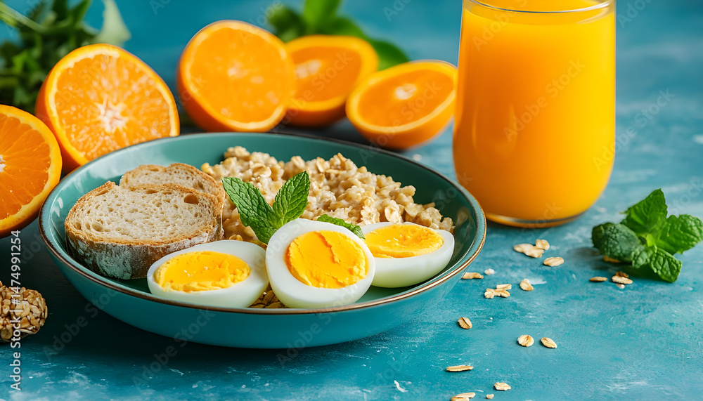 A healthy breakfast arrangement features sliced oranges, eggs, oatmeal, toast, and orange juice on a plate, vibrant and fresh