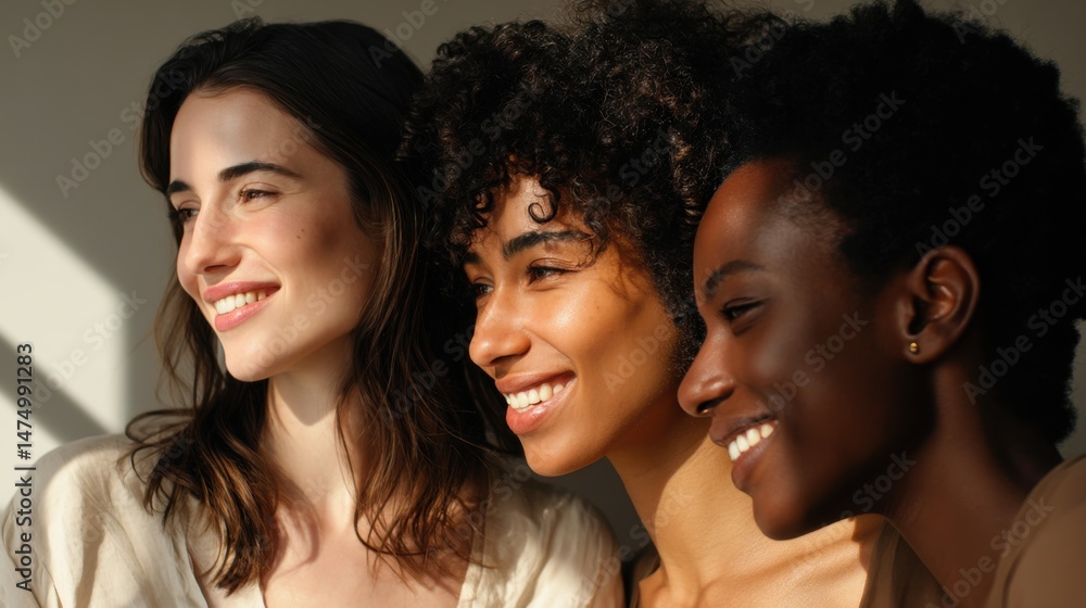 Obraz premium Three women enjoying a sunny afternoon together, showcasing diverse beauty and friendship in a cozy indoor setting
