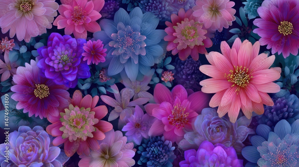Fototapeta premium Floral Abundance Close-Up: Pink Purple Blue Flowers in a Garden of Color and Light, Botanical Art