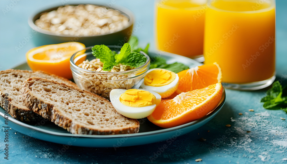 A healthy breakfast arrangement features sliced oranges, eggs, oatmeal, toast, and orange juice on a plate, vibrant and fresh