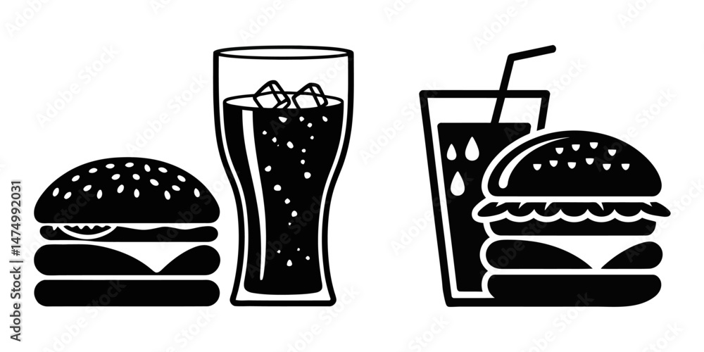 Colorful illustration of a burger with fries and a drink, showcasing a classic fast food meal, Burger and drink icon, hamburger and soda silhouette vector illustration, hamburger silhouette vector. Colorful illustration of a burger with fries and a drink, showcasing a classic fast food meal, Burger and drink icon, hamburger and soda silhouette vector illustration, hamburger silhouette vector.