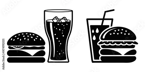 Colorful illustration of a burger with fries and a drink, showcasing a classic fast food meal, Burger and drink icon, hamburger and soda silhouette vector illustration, hamburger silhouette vector.