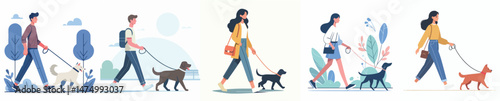 vector of a young man walking with his pet dog