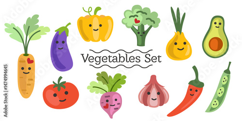 Set of cute cartoon vegetables in vector, flat style.