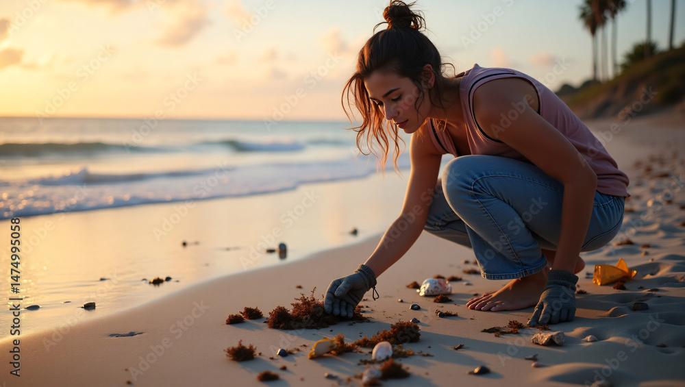 Fototapeta premium Woman cleaning up beach at sunset