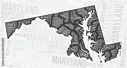 Maryland counties map word cloud. Maryland region names. Black and white map design. Creative vector illustration.