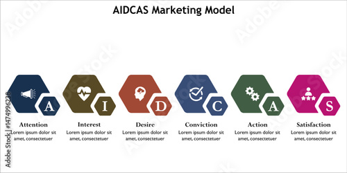 AIDCAS Marketing Model - attention, interest, desire, conviction, action, satisfaction. Infographic template with icons and description placeholder