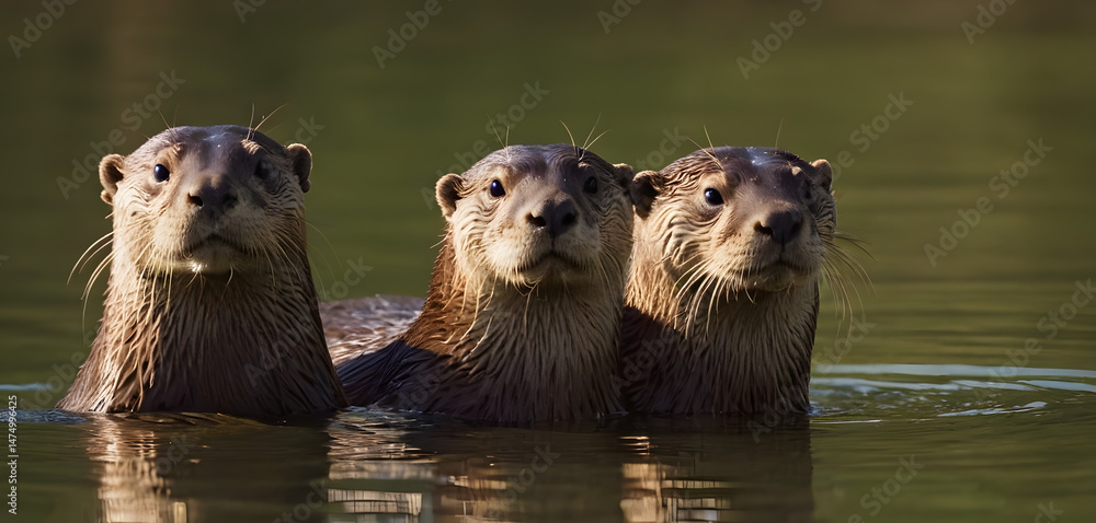 Otters peeking from water Otters peeking from water