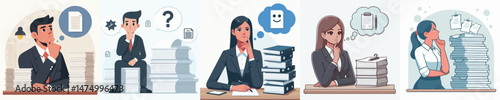 Businessman vector confused with piled up work files