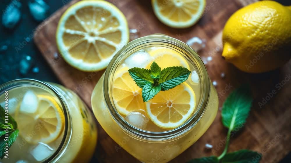 Lemonade with ice and mint in containers Lemonade with ice and mint in containers