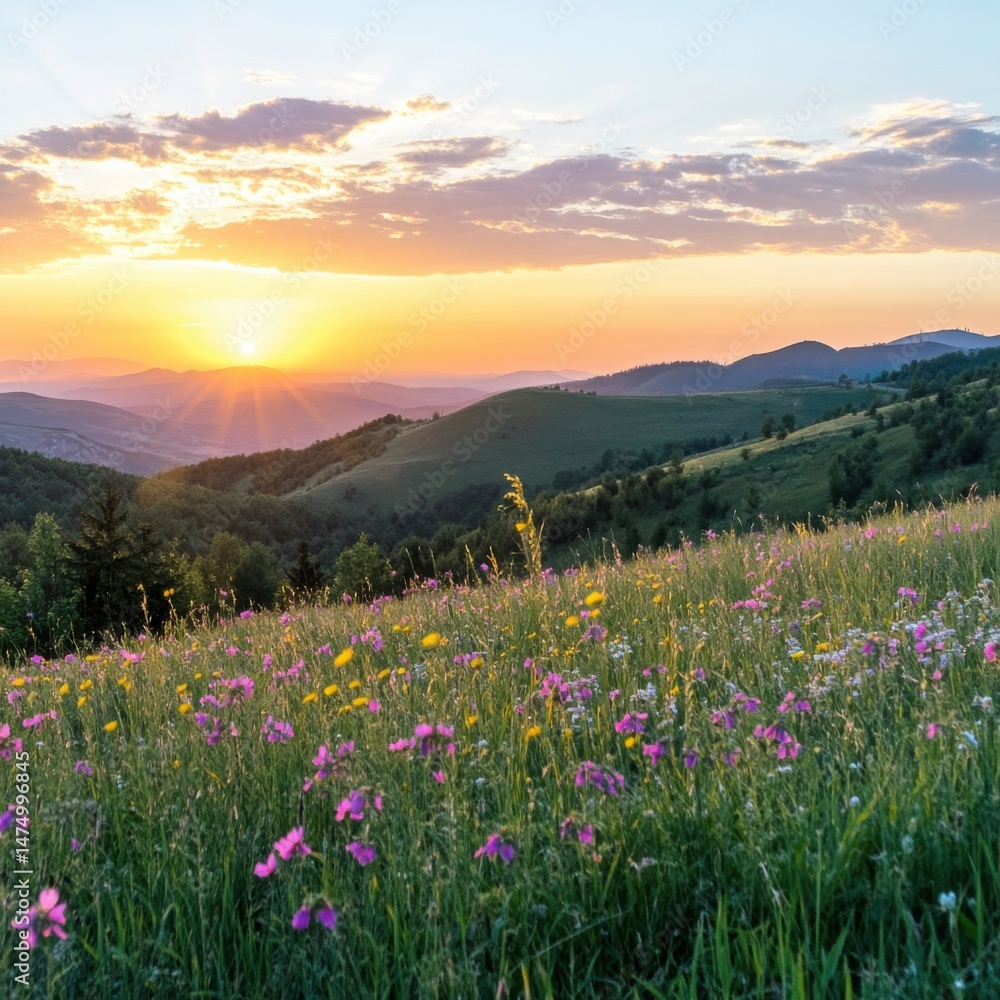 Fototapeta premium Scenic mountain meadow at sunset with wildflowers and rolling hills in the distance landscape photography