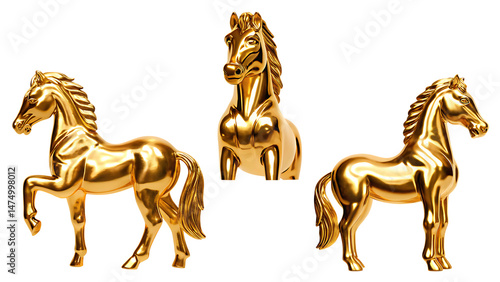 Set of golden horses  isolated on white background PNG