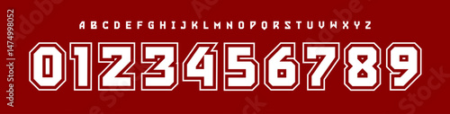 Sport College Number Font, Bold Athletic Alphabet for varsity apparel, team jerseys, scoreboards, university posters, and championship designs. Perfect for American sports themes. Vector Illustration.