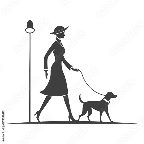 Black silhouette illustration of a woman walking her pet dog on a leash