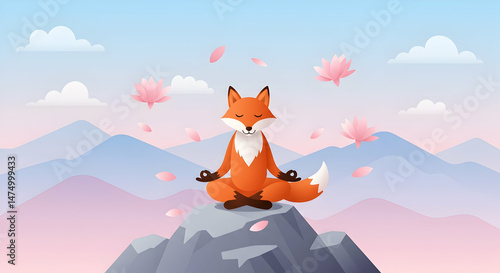 Serene Fox Meditating on Mountaintop Peaceful Nature Illustration