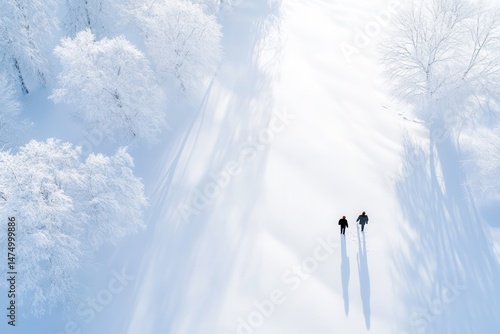 Serene Winter Landscape with Two People Walking Through Snow
