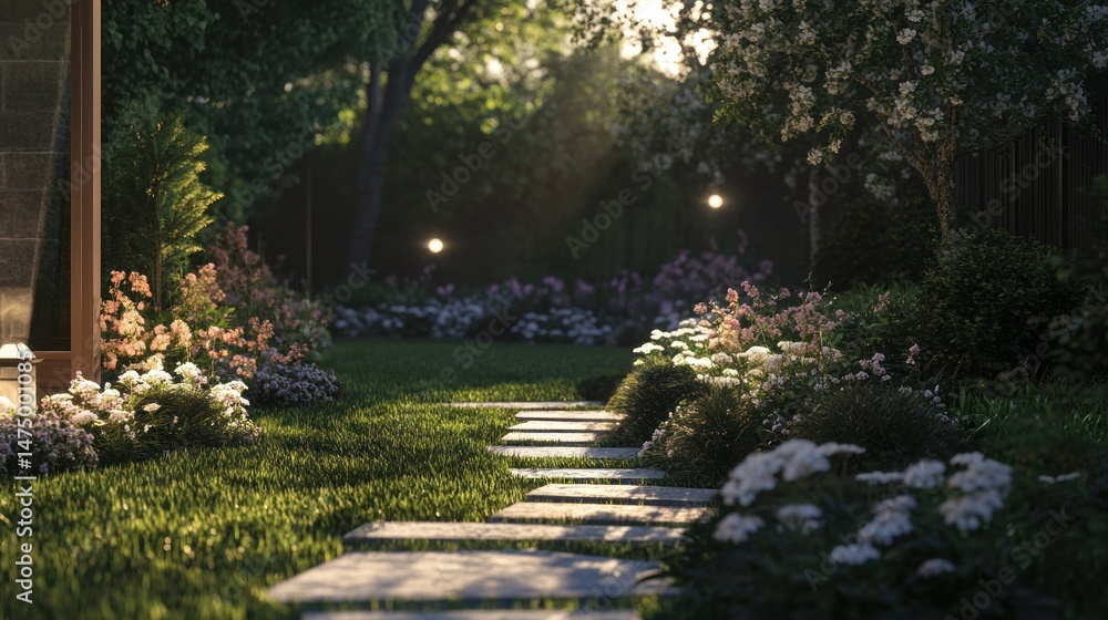 Enchanting evening garden path illuminated with gentle glow and vibrant flora Enchanting evening garden path illuminated with gentle glow and vibrant flora
