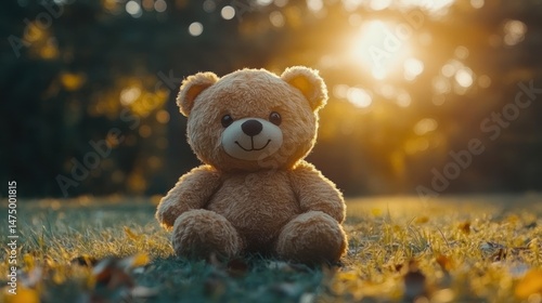 Cute teddy bear sitting in a sunlit park.