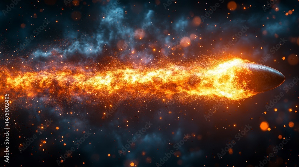 Obraz premium Fiery object streaks through a dark expanse, leaving a trail of shimmering particles and bright light