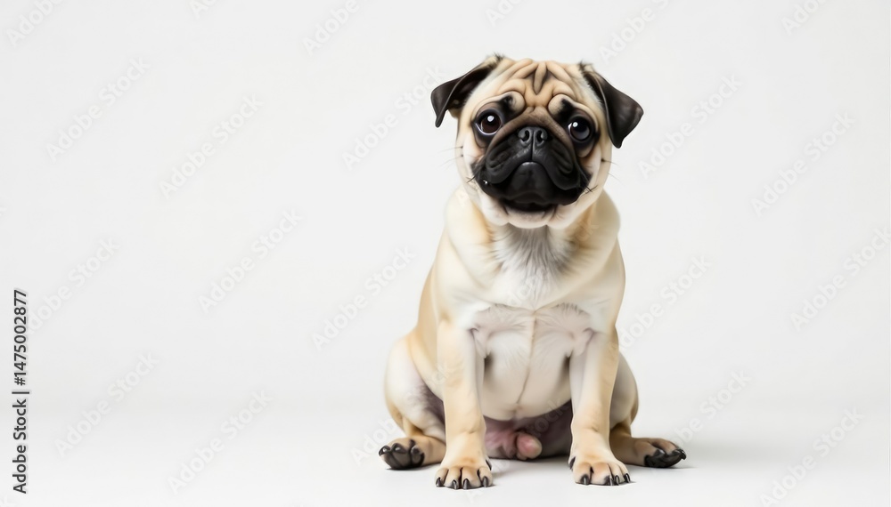 Obraz premium Adorable pug dog sits, isolated on white background, breed, sweet, companion