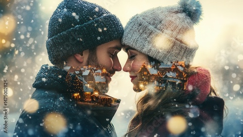 double exposure movie. christmas hallmark man and woman love wearing winter clothes