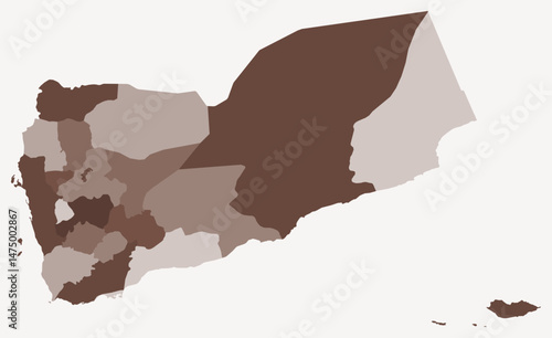 Map of Yemen with regions. Just a simple country border map with region division. Brown color palette. Blank Yemen shape with administrative division. Vector illustration.