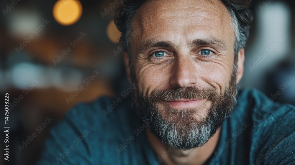 A warm, smiling bearded man showcases an inviting charm with his bright blue eyes, perfectly capturing a moment of joy and connection in a casual atmosphere. A warm, smiling bearded man showcases an inviting charm with his bright blue eyes, perfectly capturing a moment of joy and connection in a casual atmosphere.