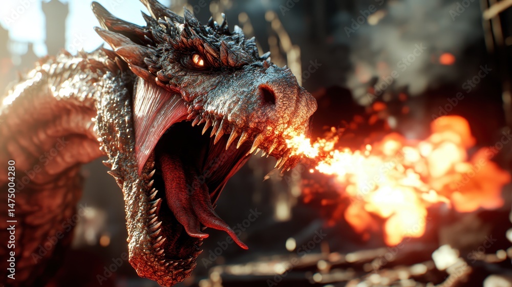 An imposing dragon roars and breathes fire amidst a dramatic scene, showcasing its power and intensity in a fantastical and mythical environment. An imposing dragon roars and breathes fire amidst a dramatic scene, showcasing its power and intensity in a fantastical and mythical environment.