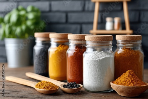 Spices and herbs neatly arranged on a wooden table in a kitchen with dark brick background