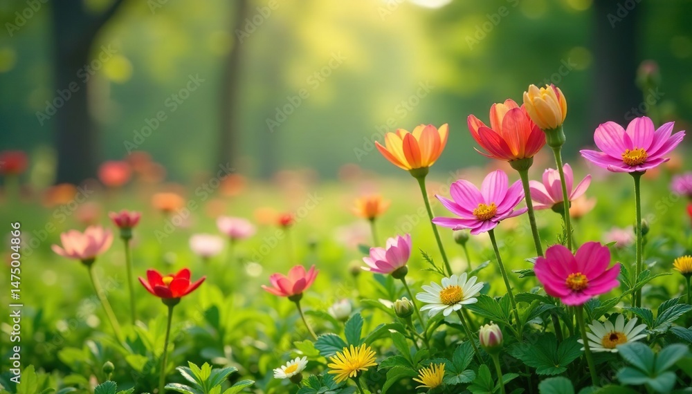 Vibrant wildflowers bursting forth from a natural spring, showcasing lush greenery and blossoming flora , daylight, vibrant colors, vegetation Vibrant wildflowers bursting forth from a natural spring, showcasing lush greenery and blossoming flora , daylight, vibrant colors, vegetation