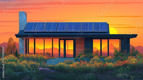 Modern solar-powered house at sunset surrounded by vibrant flowers and mountains