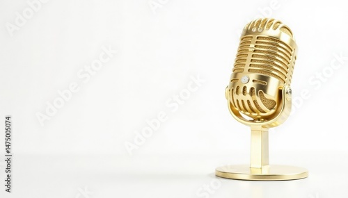 Close-up shot of a gold microphone isolated on white , audio equipment, luxury, rhythm