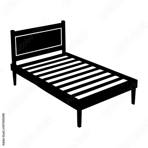 Illustration of a simple single bed frame with headboard and slatted base in black and white color