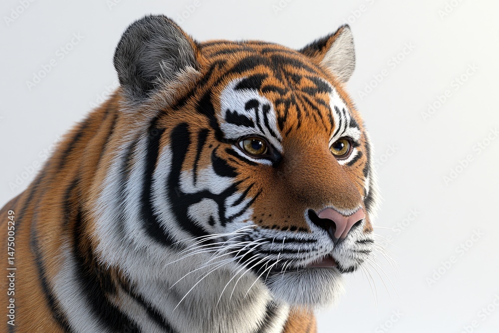 Naklejka premium Close-up of a tiger's head, showcasing intricate stripes and fur texture. Focused on facial details, with a serene expression