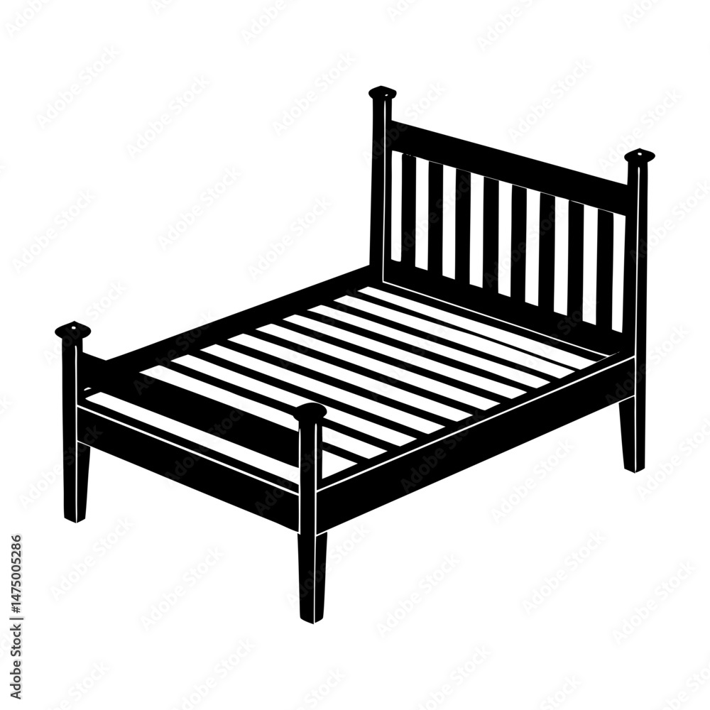 Illustration of a black wooden bed frame with a headboard and footboard on a white background Illustration of a black wooden bed frame with a headboard and footboard on a white background