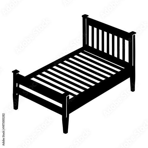 Isometric illustration of a black bed frame with a slatted base and headboard design element