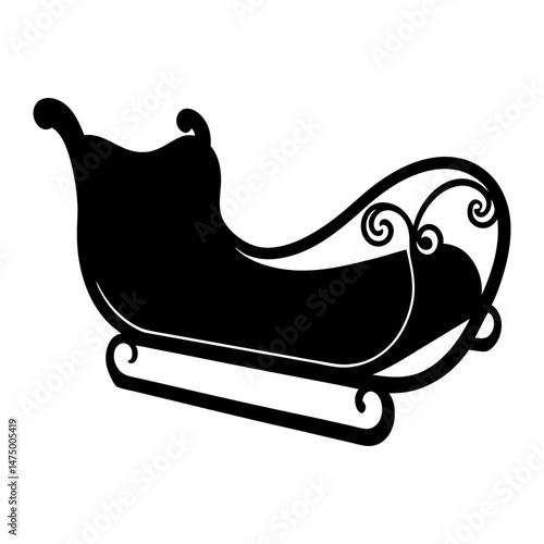 Silhouette depiction of a christmas sleigh with decorative swirls and curved runners in black and white