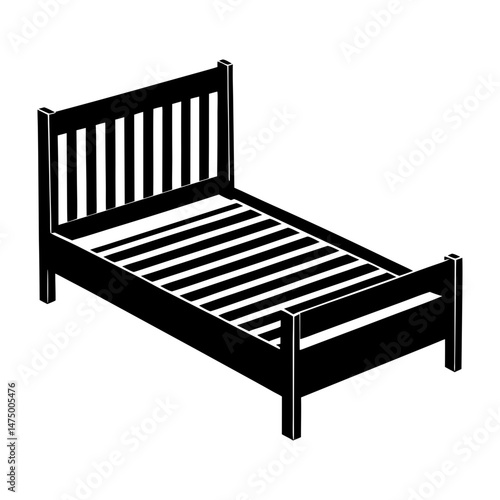 Illustration of a black wooden bed frame with headboard and footboard on white background view from side