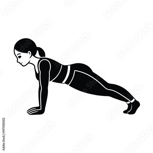 Black and white illustration of a woman in a plank position demonstrating a core strengthening exercise for fitness and well being.
