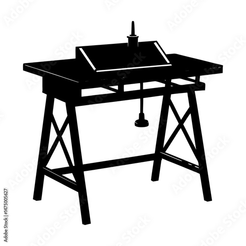 Illustration of an antique drafting table with adjustable light and sturdy trestle legs design style