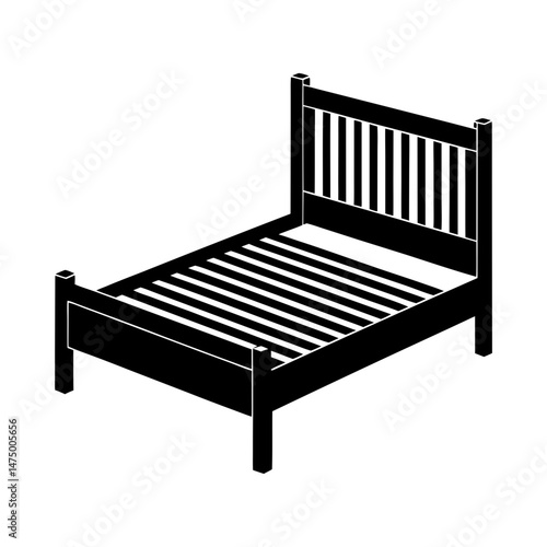 Isometric view of a black bed frame with a headboard and a slatted base on a white background plain