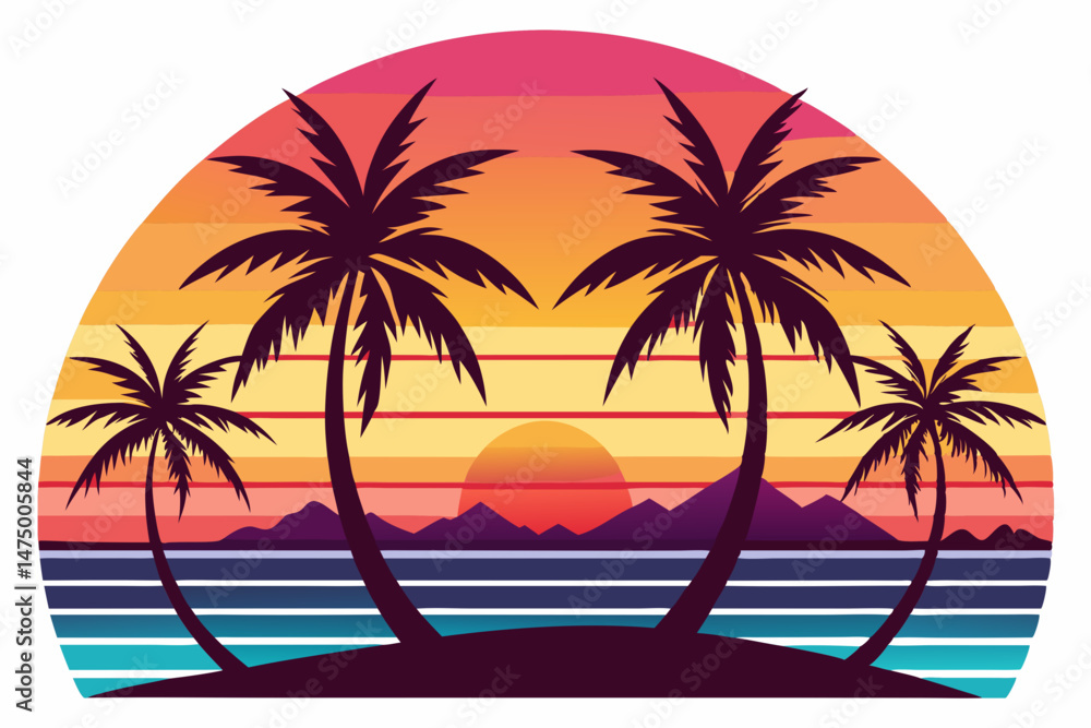 tropical beach with palm trees vector illustration, retro sunset beach palm trees tropical beach with palm trees vector illustration, retro sunset beach palm trees