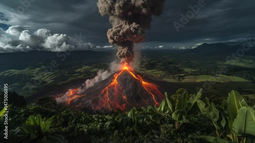 Volcanic eruption with lava flow, dramatic clouds. Lush green landscape surrounds a fiery volcano