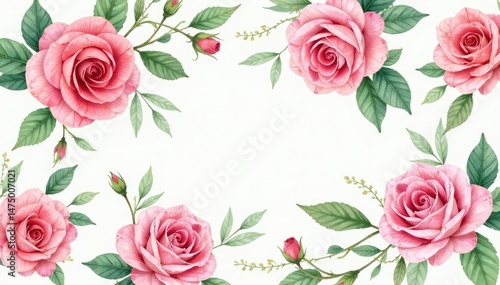 Delicate watercolor roses, lush leaves, seamless repeat, leaves, design, pink