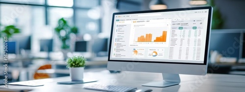 Modern Workspace with Computer Displaying Business Analytics Data