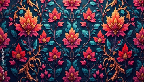 Elegant floral damask pattern, intricate design in rich jewel tones, fabric, pattern