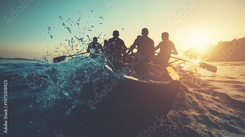 Silhouette of a rowboat team in action during a golden hour sunset.