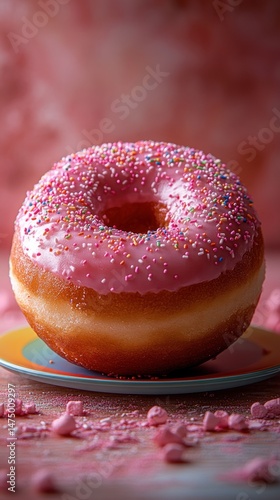 Pink glazed donut with sprinkles on a plate.